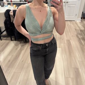 Sabina Musayev Metallic Mint Wrap Crop Top